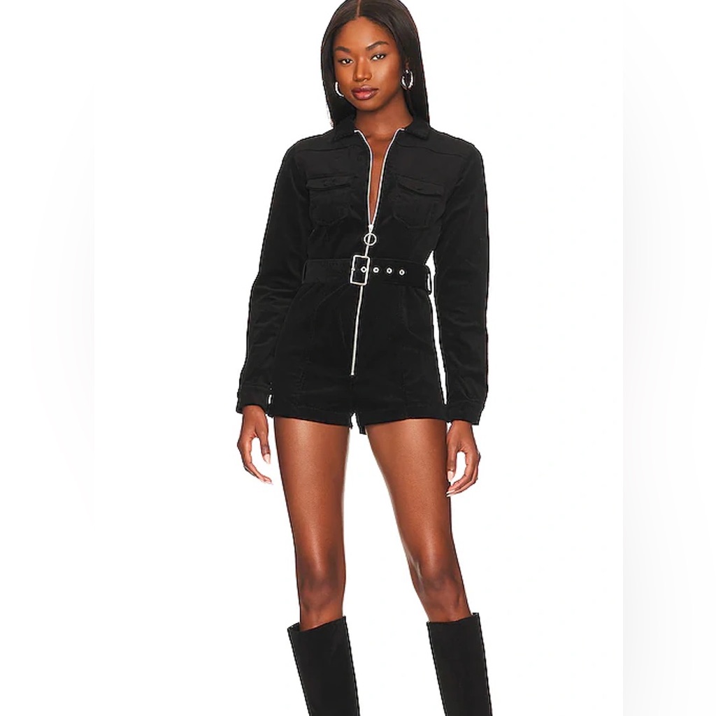 Superdown Black Long-Sleeve Belted Romper